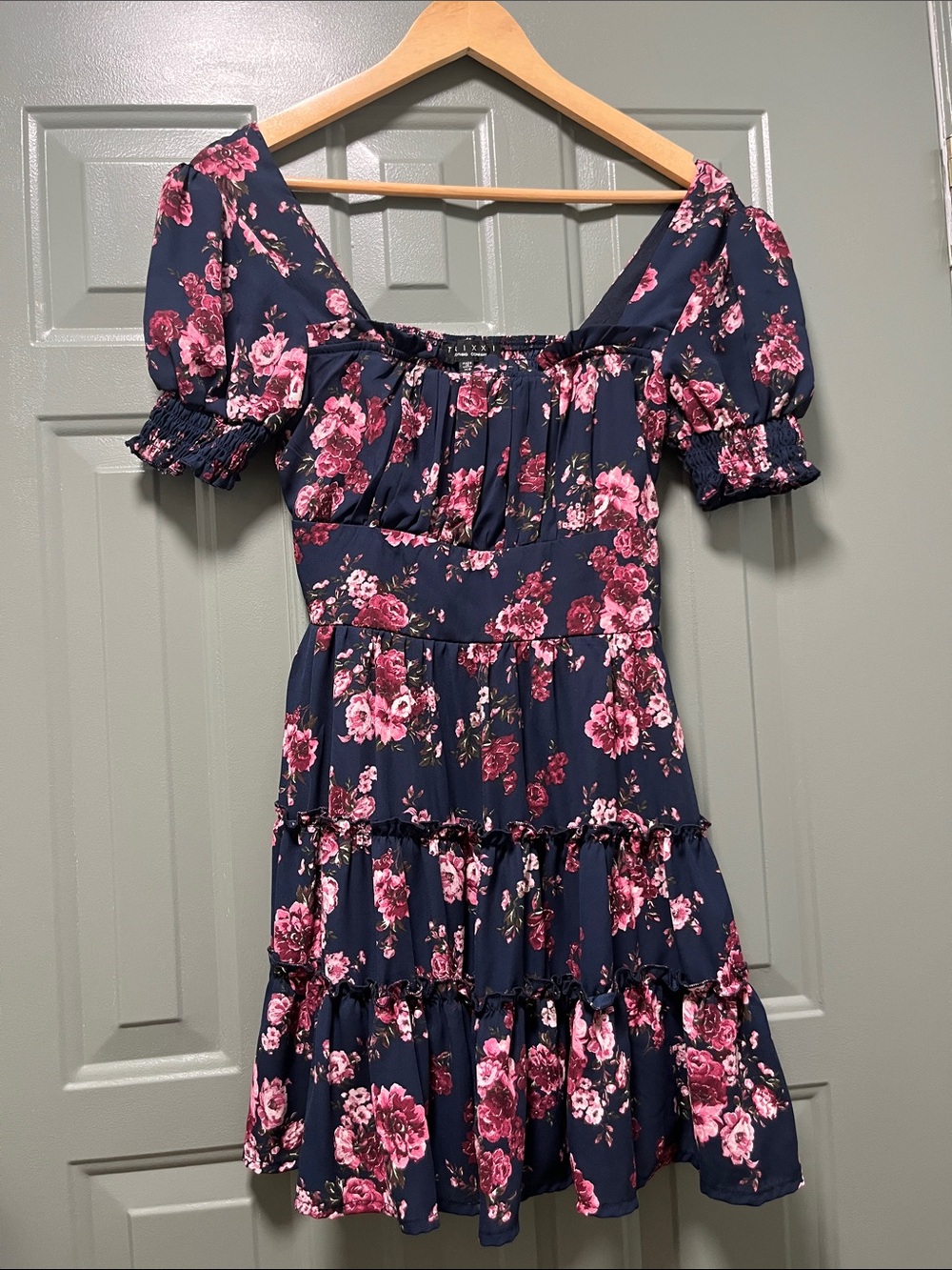 Navy Floral Puff Sleeve Tiered Mini Dress
